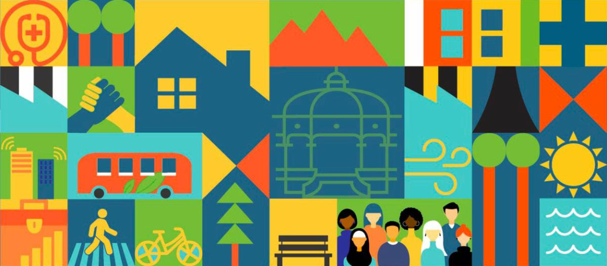 A colorful, geometric flat illustration composed of a grid of tiles representing various elements of community, urban infrastructure, nature, and sustainability.